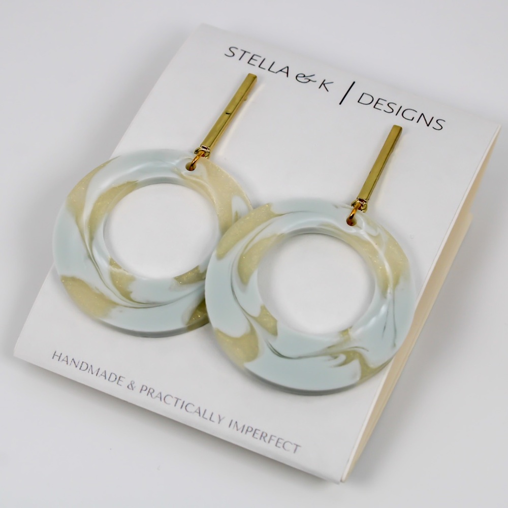 Handmade Earrings - Large Drop Hoop Resin Earrings - Blue gray, Champagne Swirl